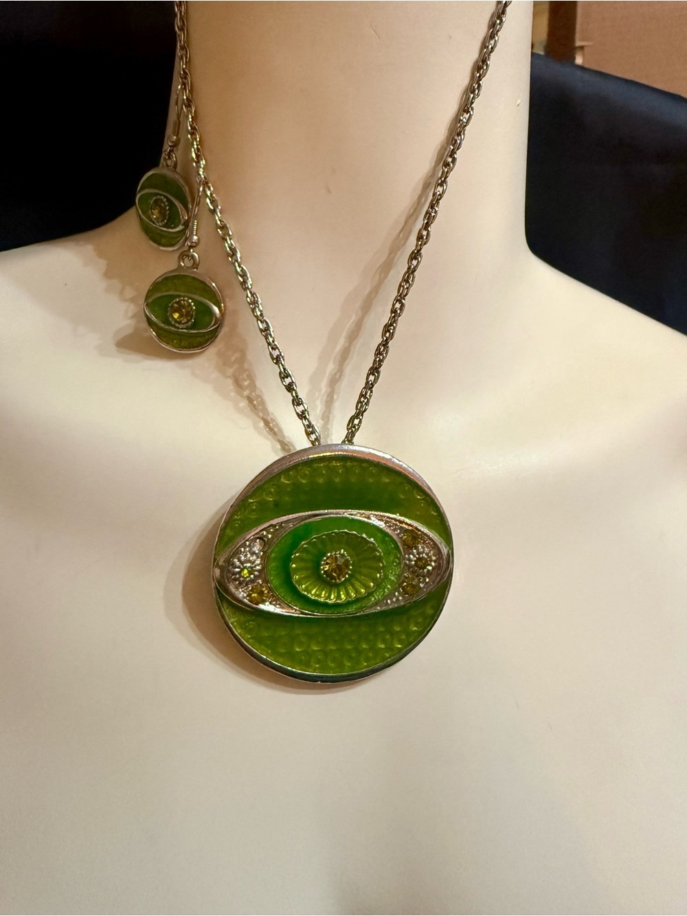 Vintage Green Enamel Evil Eye Statement Pendant Necklace & Earrings Set